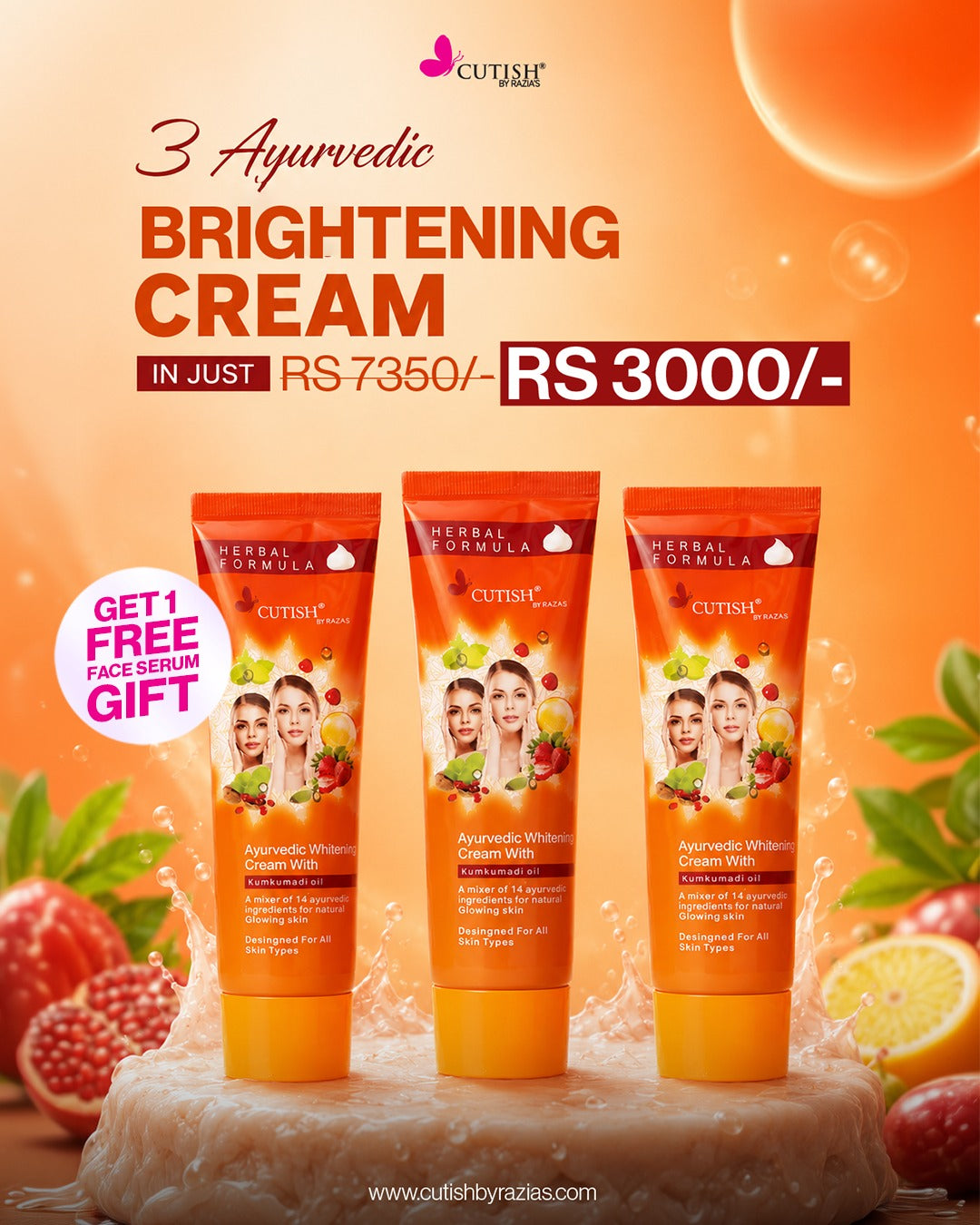 Cutish Ayurvedic Brightening Cream Bundle (3 Creams + FREE Face Serum) ⭐