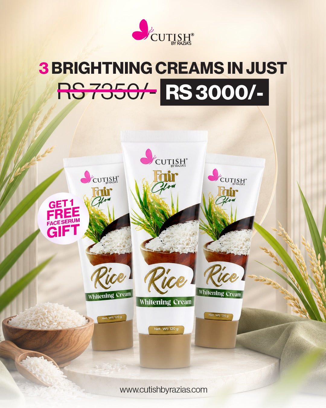 Cutish Fair Glow Rice Brightning Cream Bundle (3 Tubes + Free Face Serum)