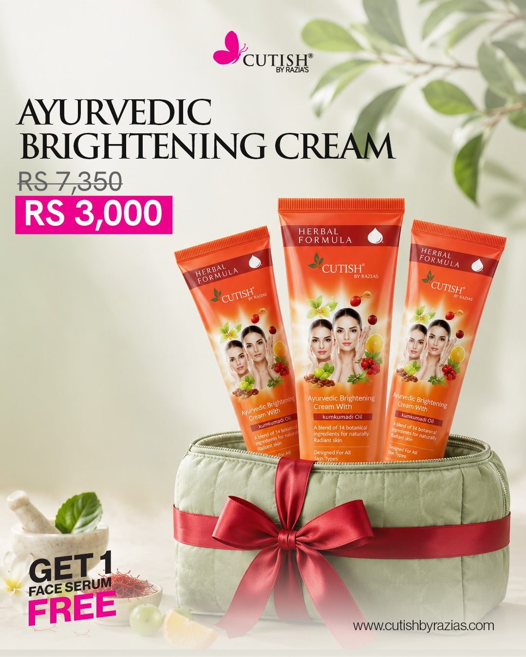 Cutish Ayurvedic Brightening Cream Bundle (3 Creams + FREE Face Serum) ⭐