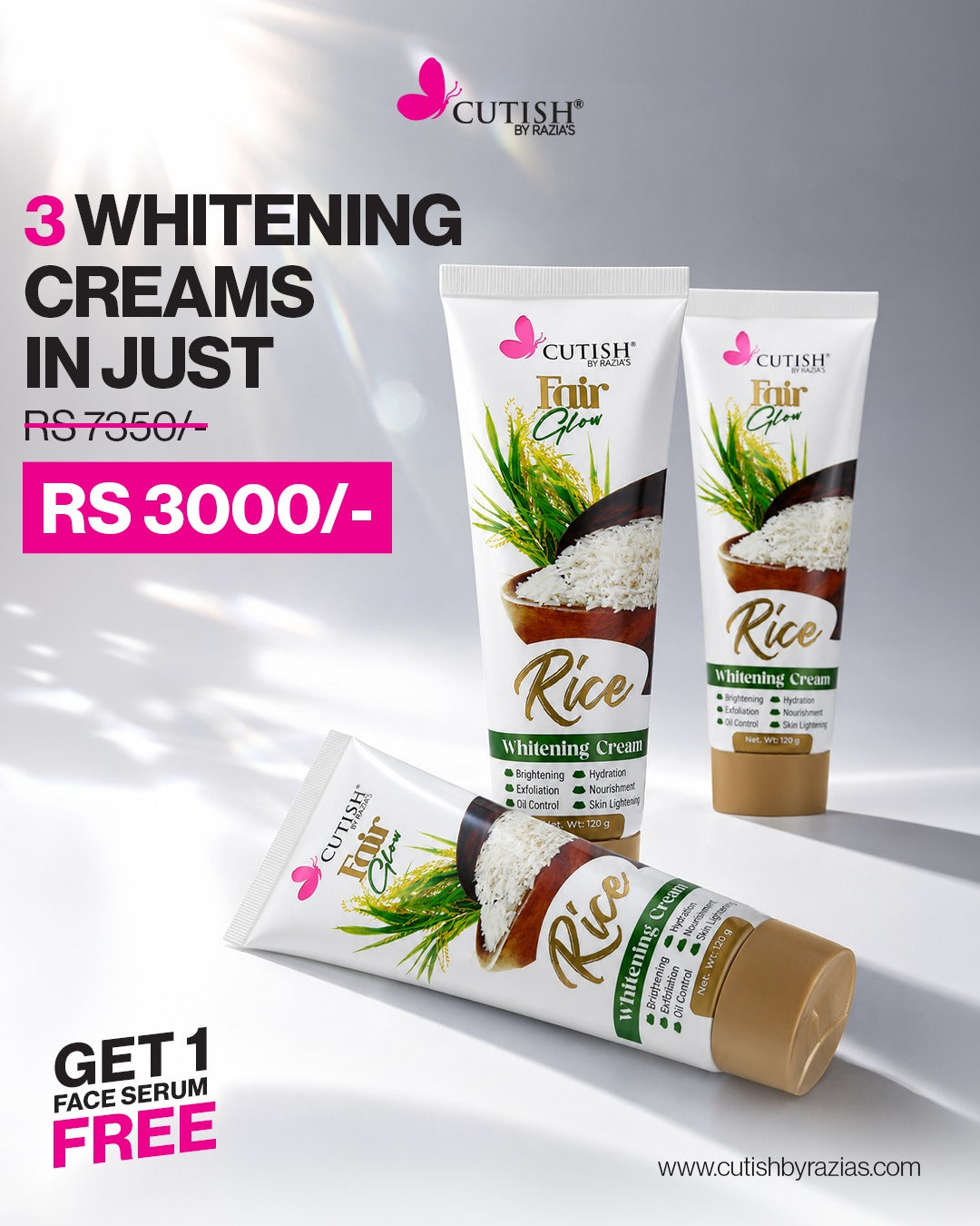 Cutish Fair Glow Rice Brightning Cream Bundle (3 Tubes + Free Face Serum)